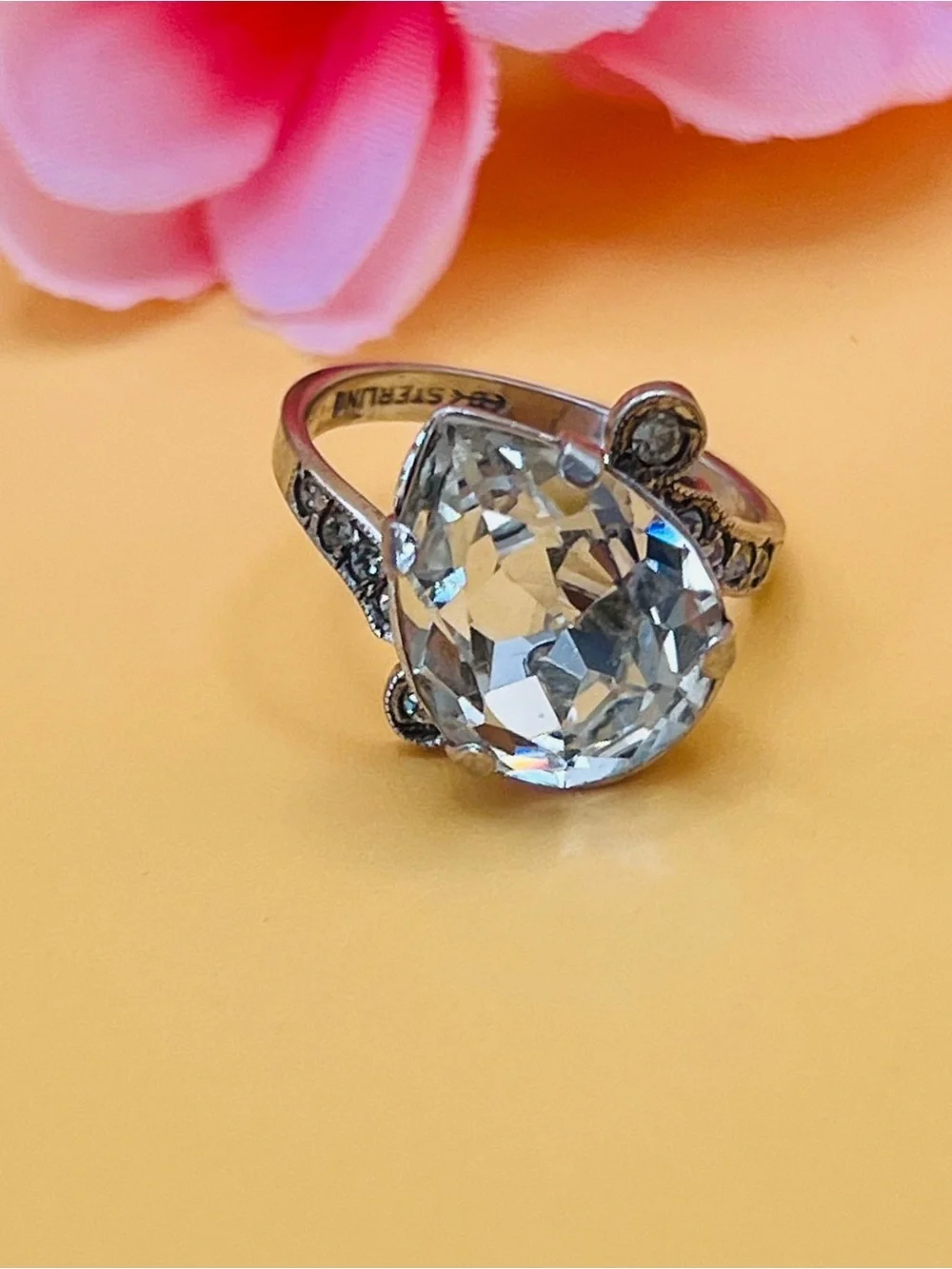 Sterling Silver Teardrop Clear CZ Statement Ring  SIZE 6.5